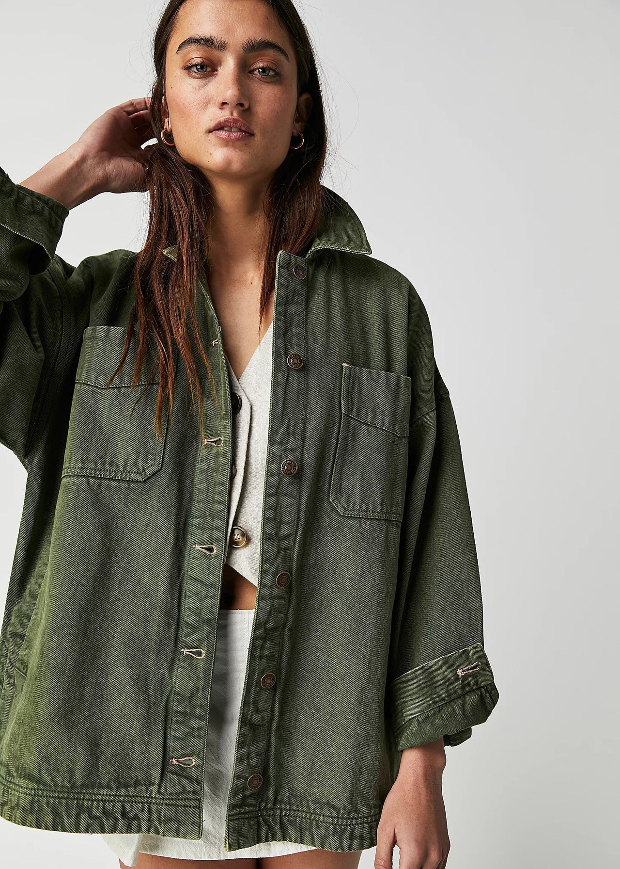 Manteau Long en Jean à Poches Latérales
