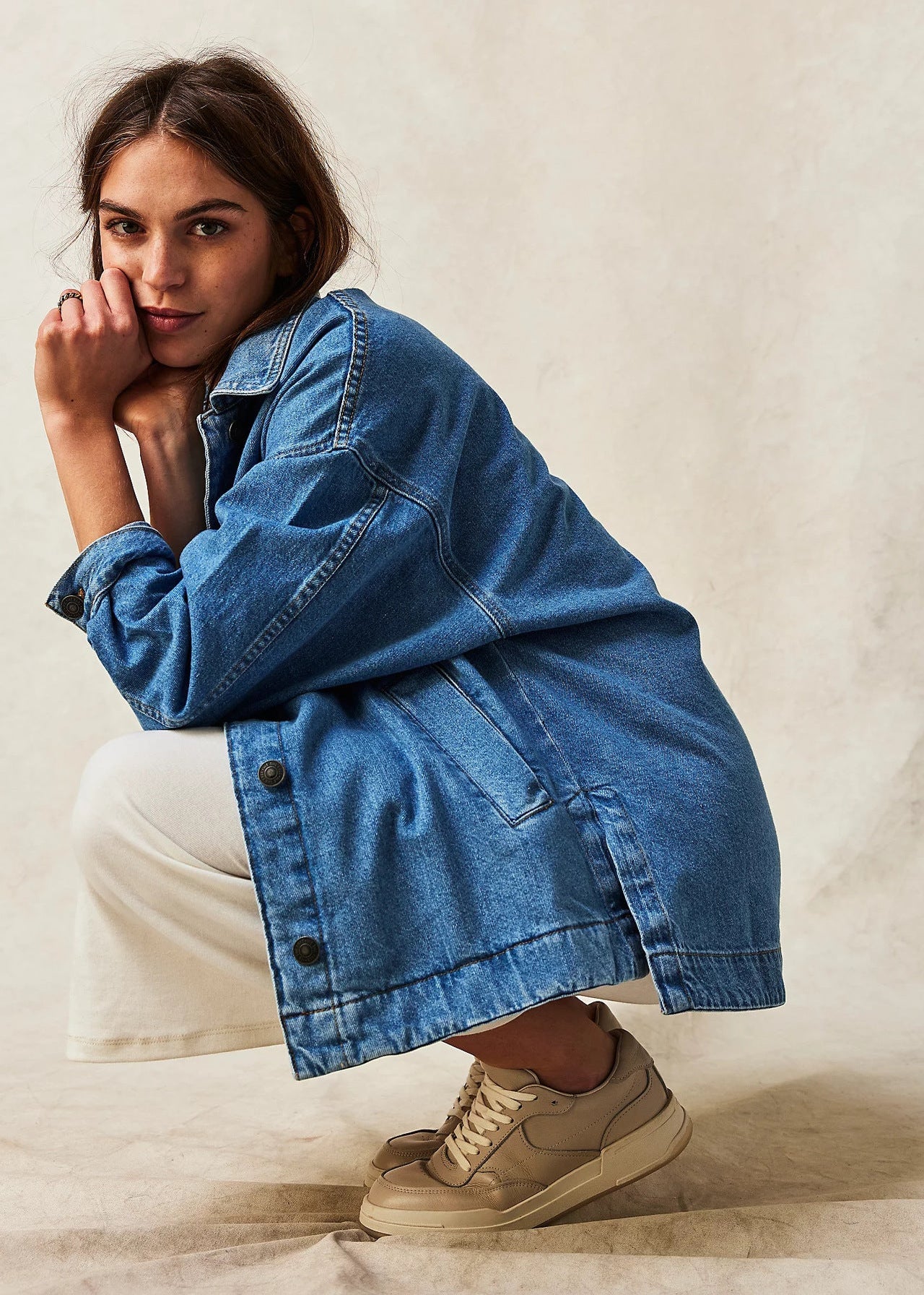 Manteau Long en Jean à Poches Latérales