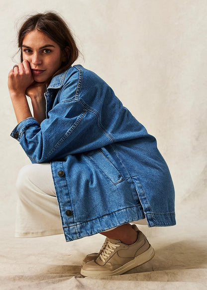 Manteau Long en Jean à Poches Latérales
